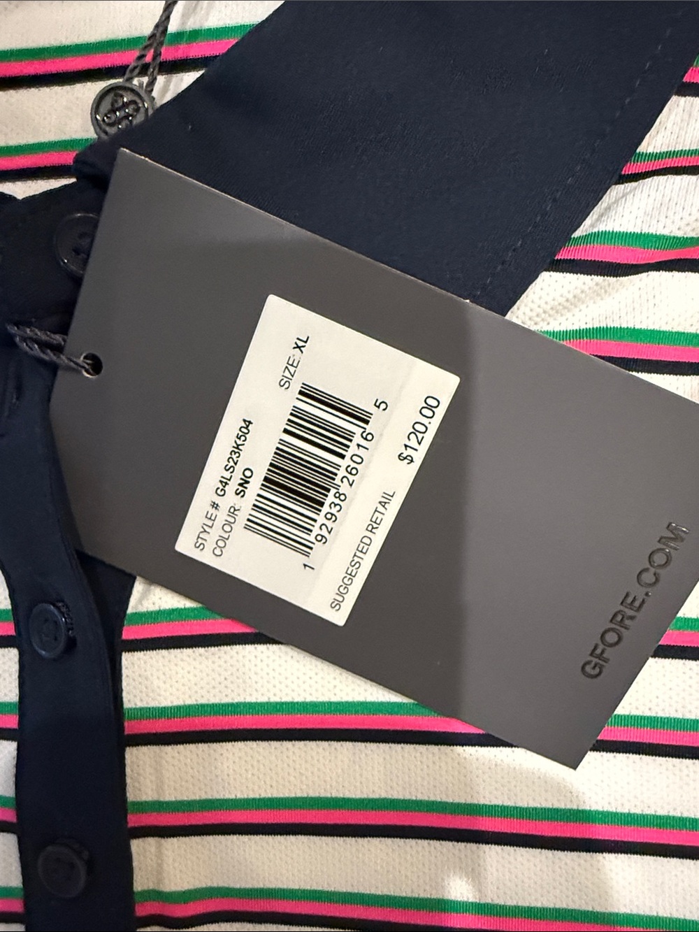 G/FORE Navy Collar White Polo with Pink & Green Stripes - Picture 3 of 3